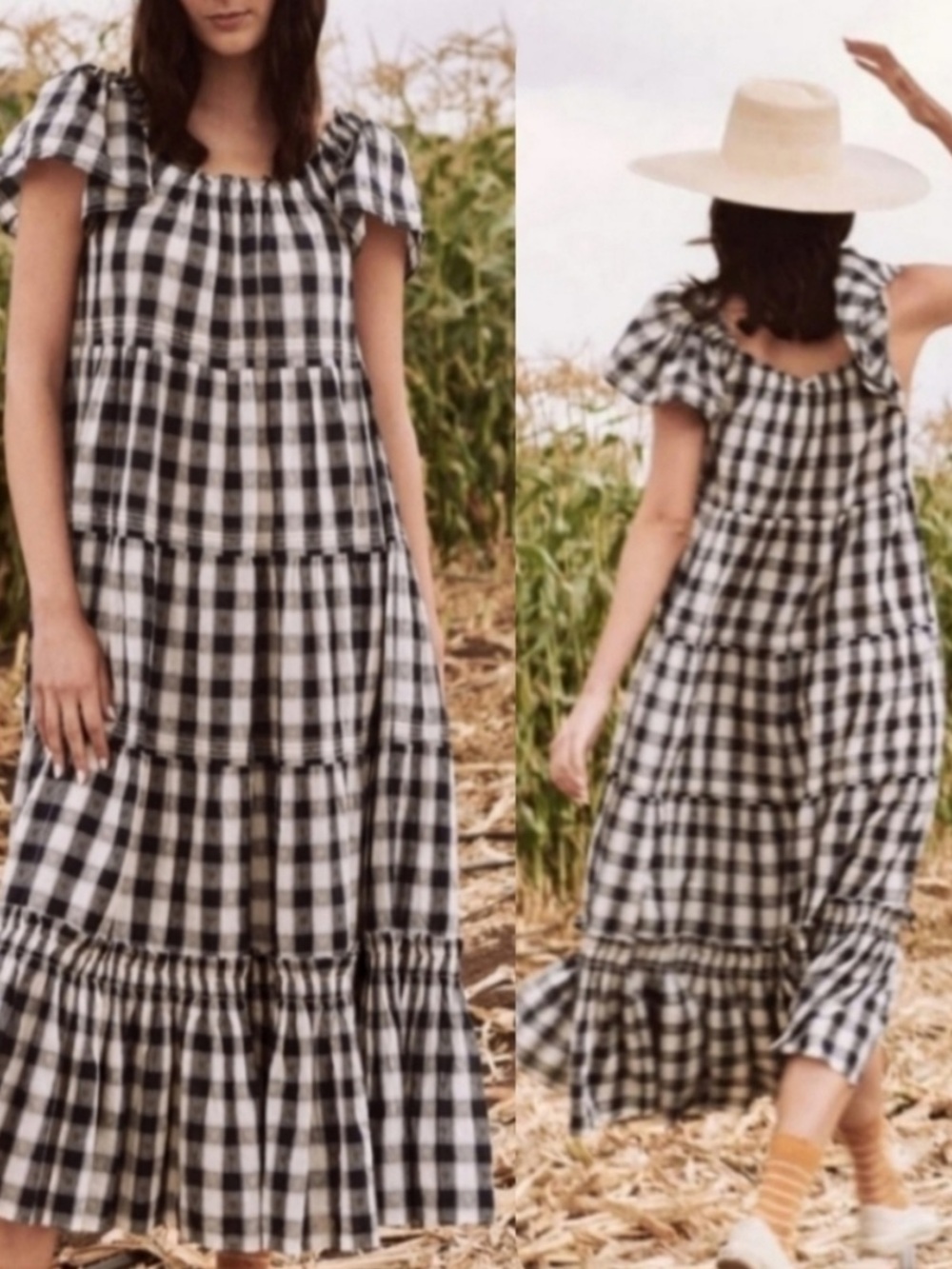 The Great. Dress Nightingale Cotton Midi in Plaid Gingham Navy White
